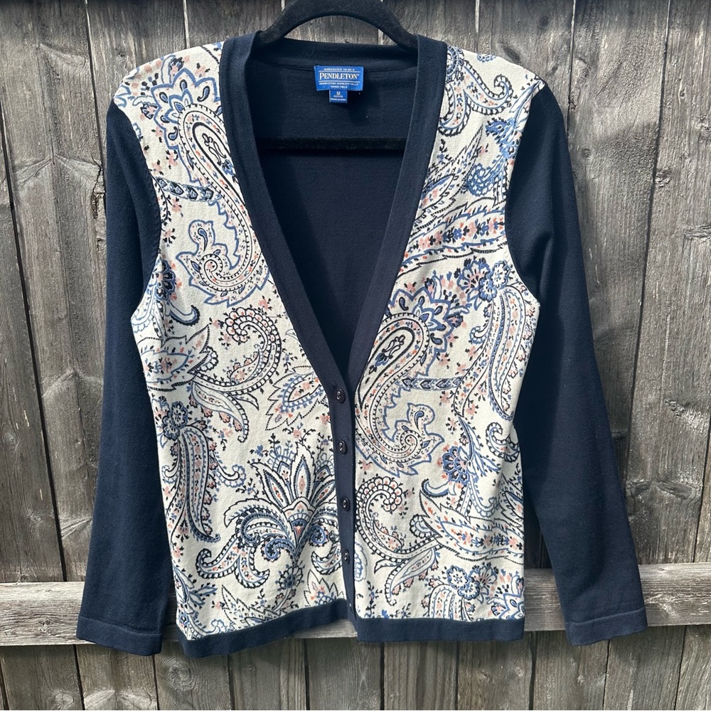 Pendleton Silk Blend Navy and Paisley Button Down Cardigan Sweater